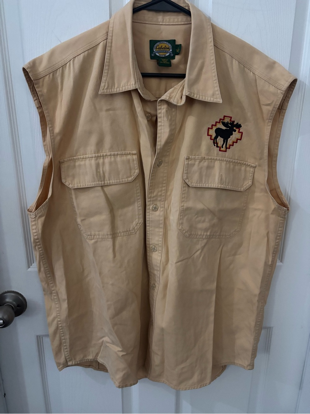 Cabela's Tan Sleeveless Work Vest with Embroidered Moose